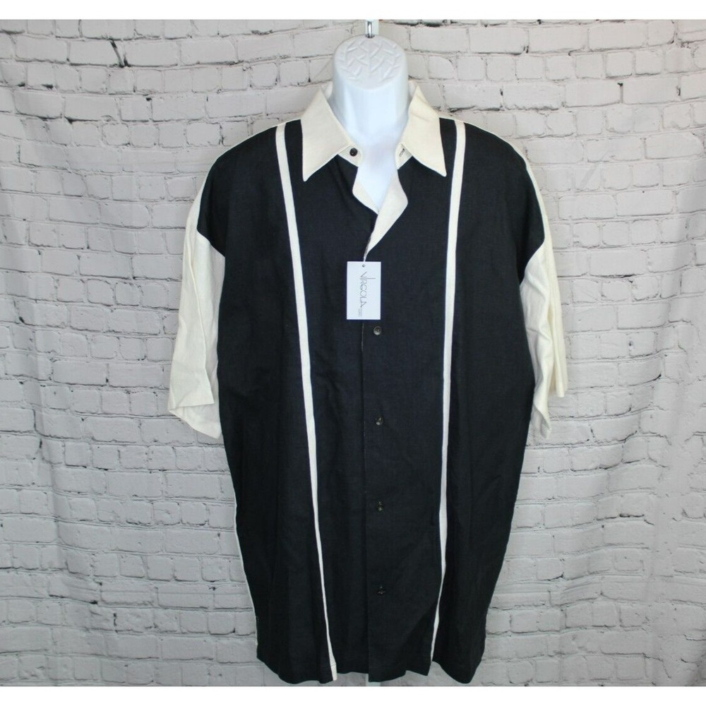 NEW Virgola Uomo Button Up Shirt Mens Size XL Black Tan Bowling Shirt NWT Linen
